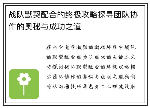 战队默契配合的终极攻略探寻团队协作的奥秘与成功之道