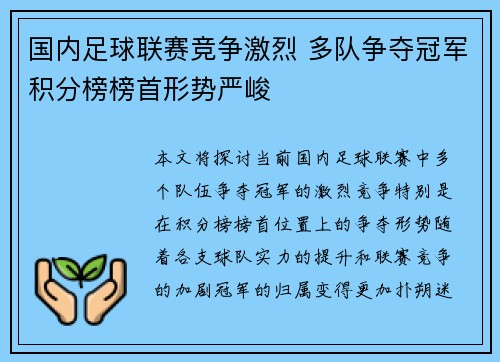 国内足球联赛竞争激烈 多队争夺冠军积分榜榜首形势严峻