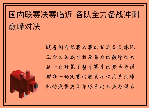 国内联赛决赛临近 各队全力备战冲刺巅峰对决