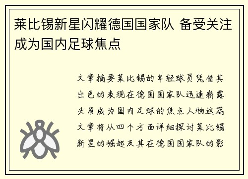 莱比锡新星闪耀德国国家队 备受关注成为国内足球焦点