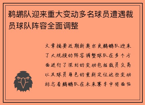 鹈鹕队迎来重大变动多名球员遭遇裁员球队阵容全面调整