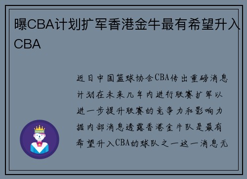 曝CBA计划扩军香港金牛最有希望升入CBA