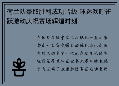 荷兰队豪取胜利成功晋级 球迷欢呼雀跃激动庆祝赛场辉煌时刻