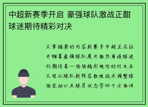 中超新赛季开启 豪强球队激战正酣 球迷期待精彩对决