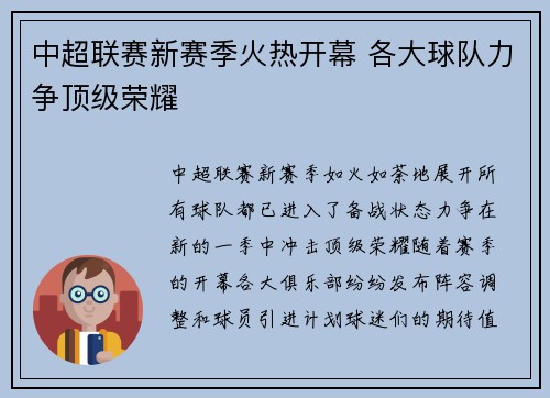 中超联赛新赛季火热开幕 各大球队力争顶级荣耀